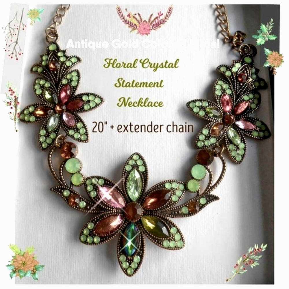 NEW Floral Crystal Marquise Statement Necklace
